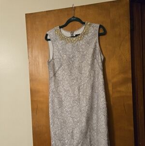 Adrianna Papell Silver Lace Gray Sparkle Beaded Sleeveless Dress Size 12